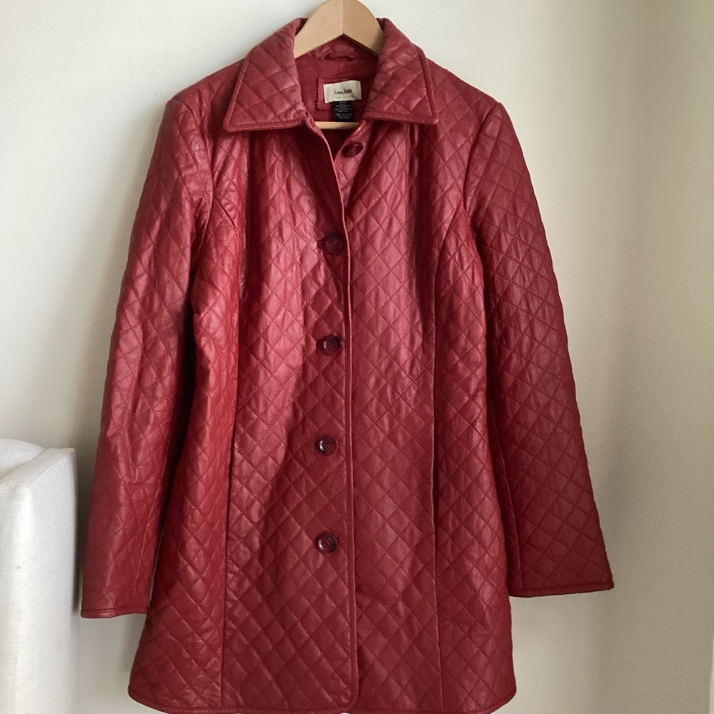 Vintage Neiman Marcus Leather Coat Womens Large Burgundy Red Diamond Pattern - Picture 1 of 16